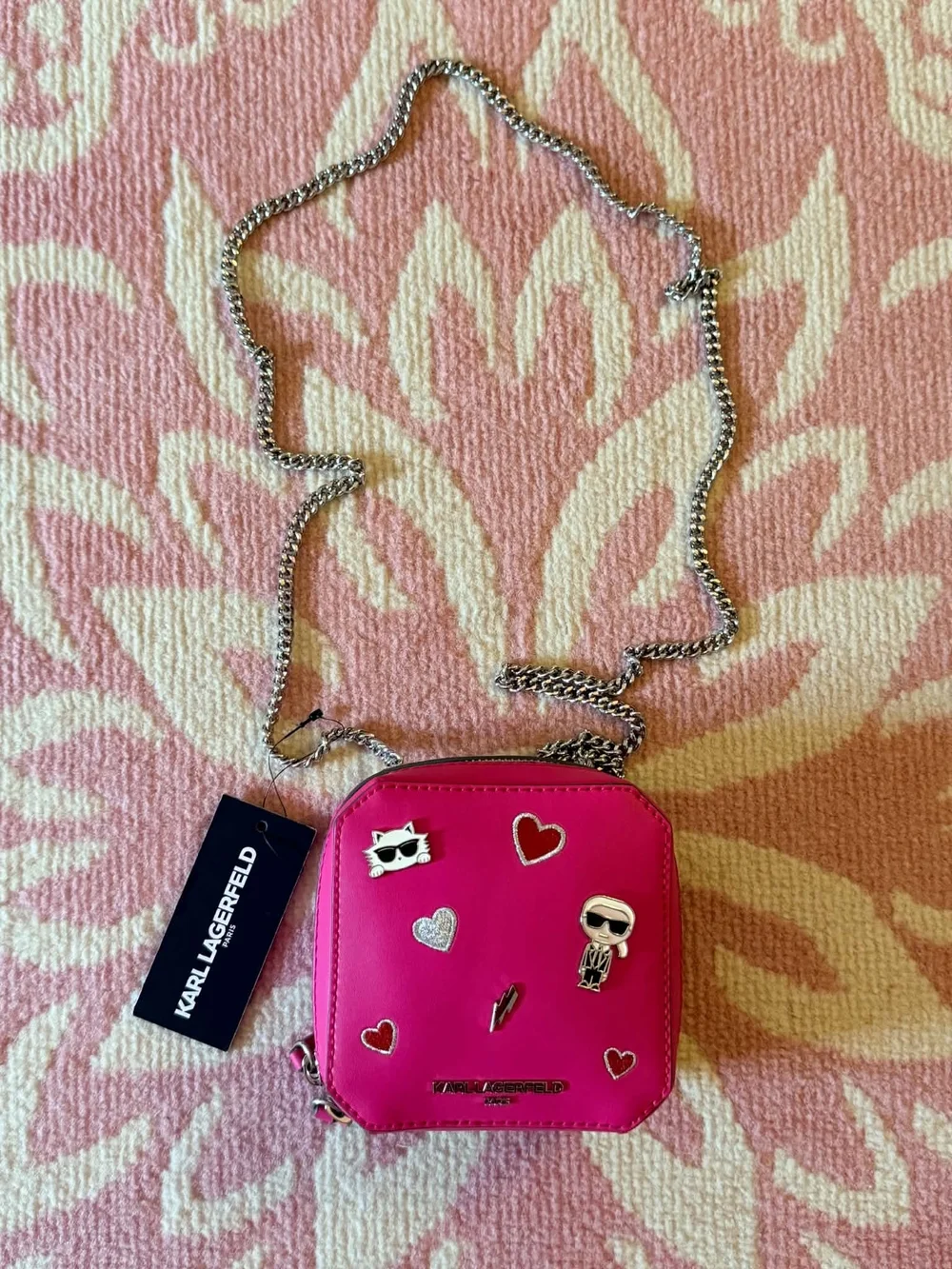Karl Lagerfeld Pink Mini Crossbody Bag with Chain and Charm Embelishments NWT